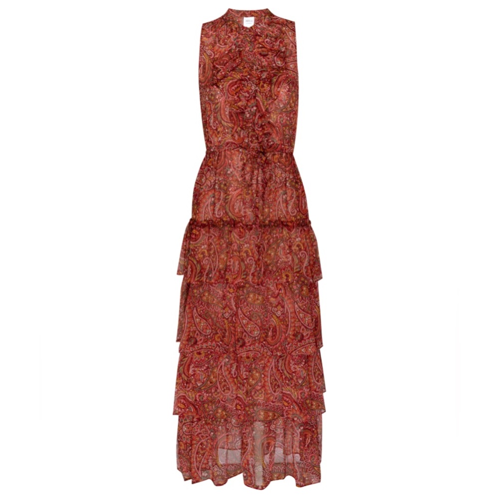 MISA Los Angeles Julez Midi Dress Tiered Ruffle Skirt Bohemian Paisley XS